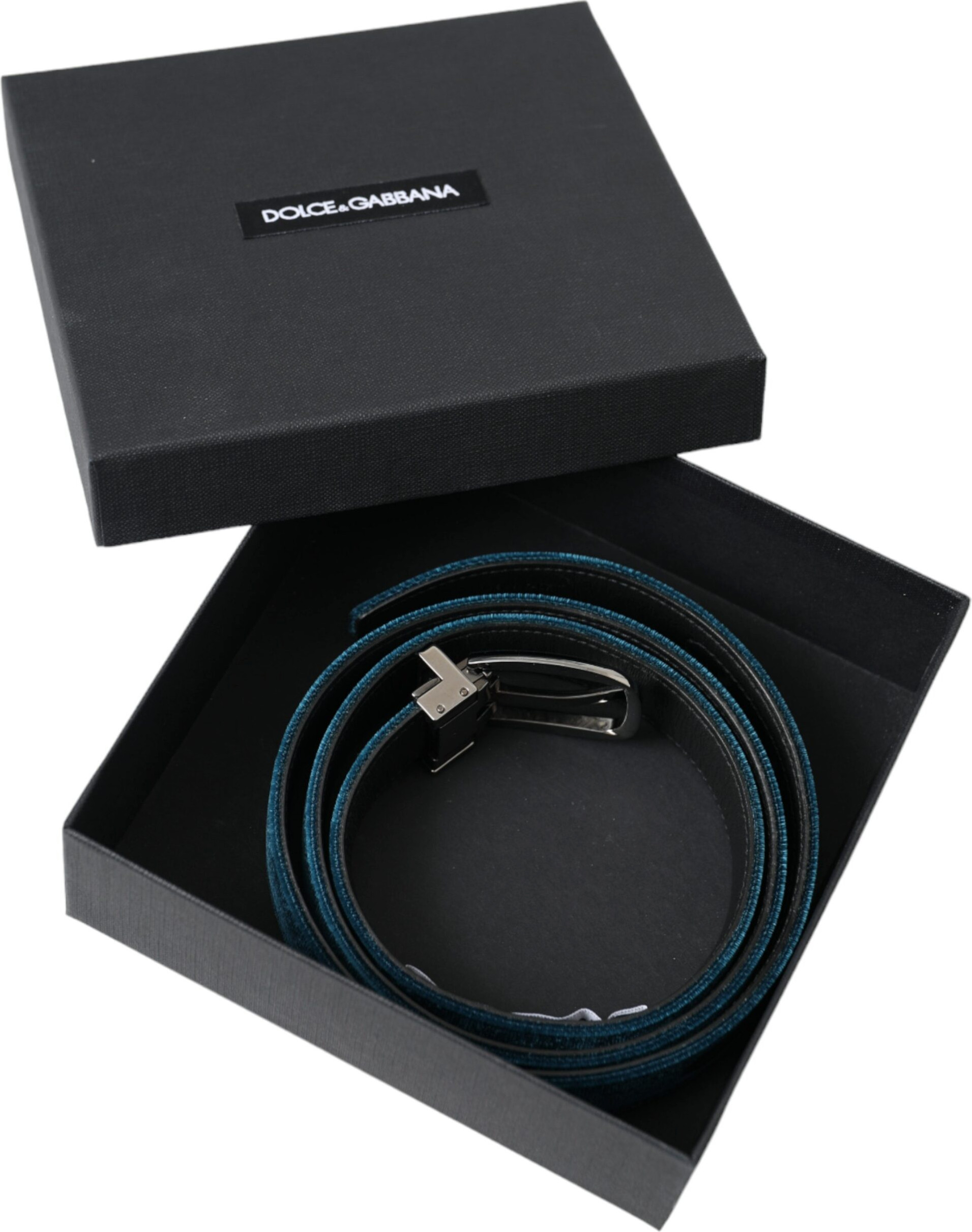 Belt Dolce & Gabbana Blue Velvet Leather Silver Metal Buckle Belt