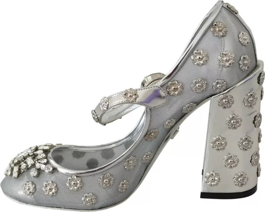 Туфли Dolce & Gabbana на каблуке Mary Jane серебристые с кристаллами