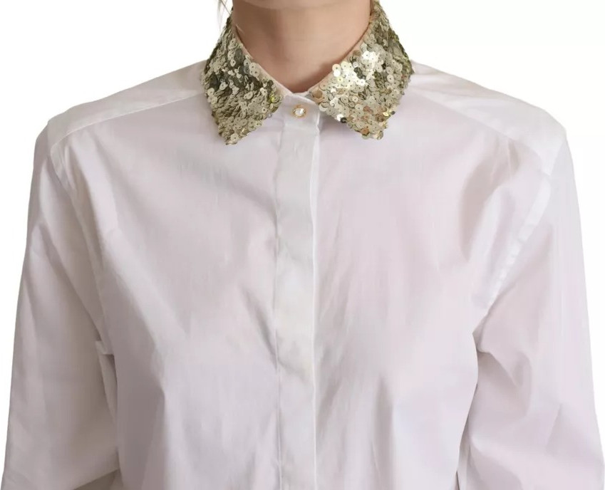 Рубашка с длинным рукавом и воротником Dolce & Gabbana из белого хлопка с пайетками