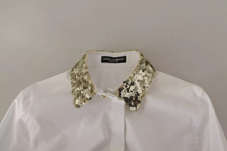 Рубашка с длинным рукавом и воротником Dolce & Gabbana из белого хлопка с пайетками
