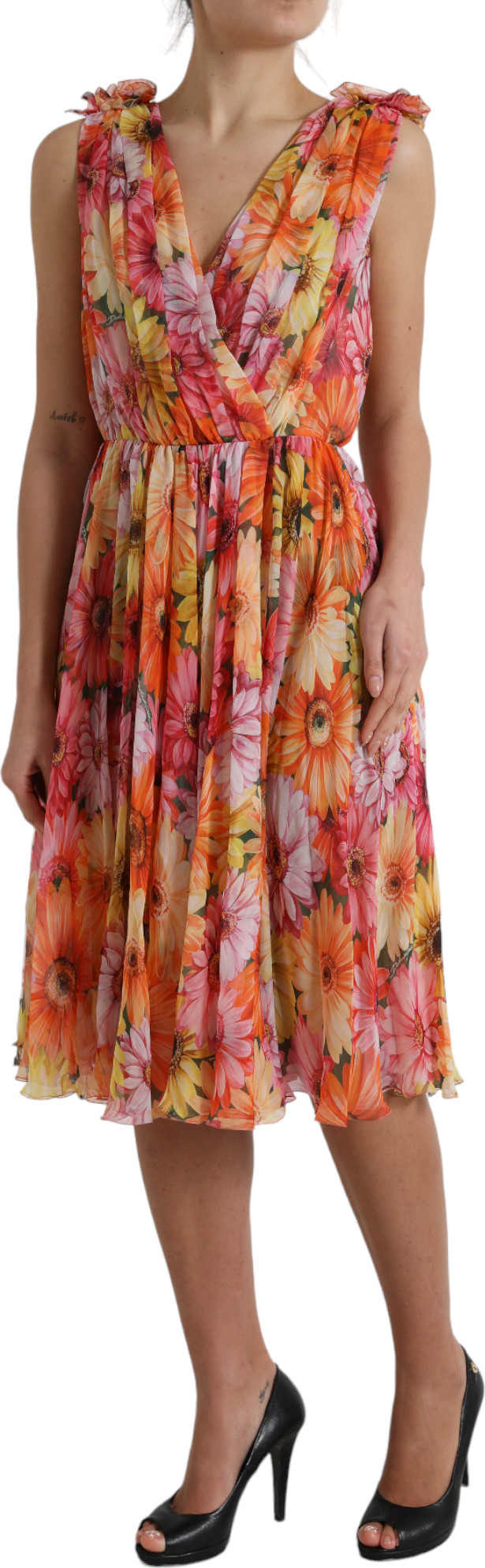 Midi Dress Dolce & Gabbana Multicolor Sunflower Print Silk Midi Dress
