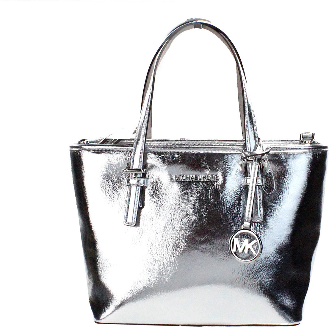 Tote Bag Michael Kors Jet Set Silver Metallic XS Carryall Top Zip Tote Bag Purse
