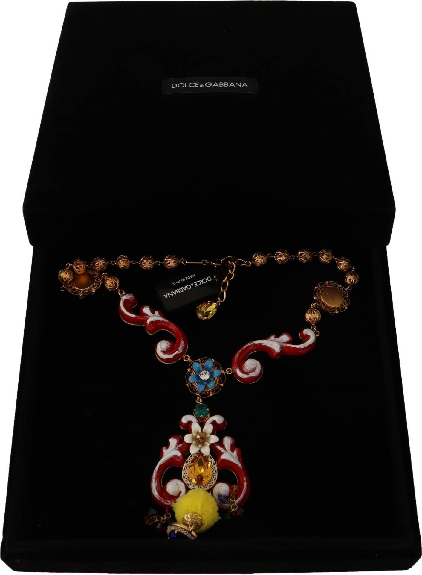 Dolce & Gabbana Gold Brass Carretto Sicily Statement Crystal Chain Necklace