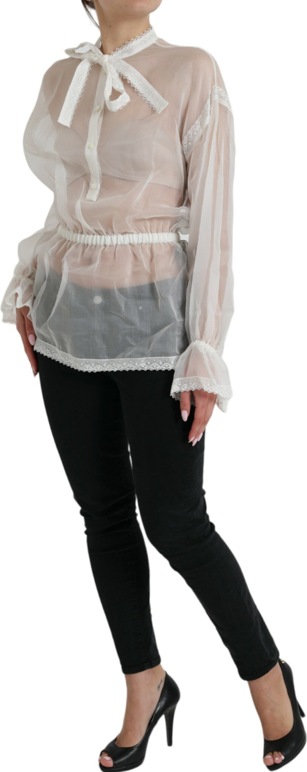 White Silk Long Sleeves Ascot Collar Top Dolce & Gabbana
