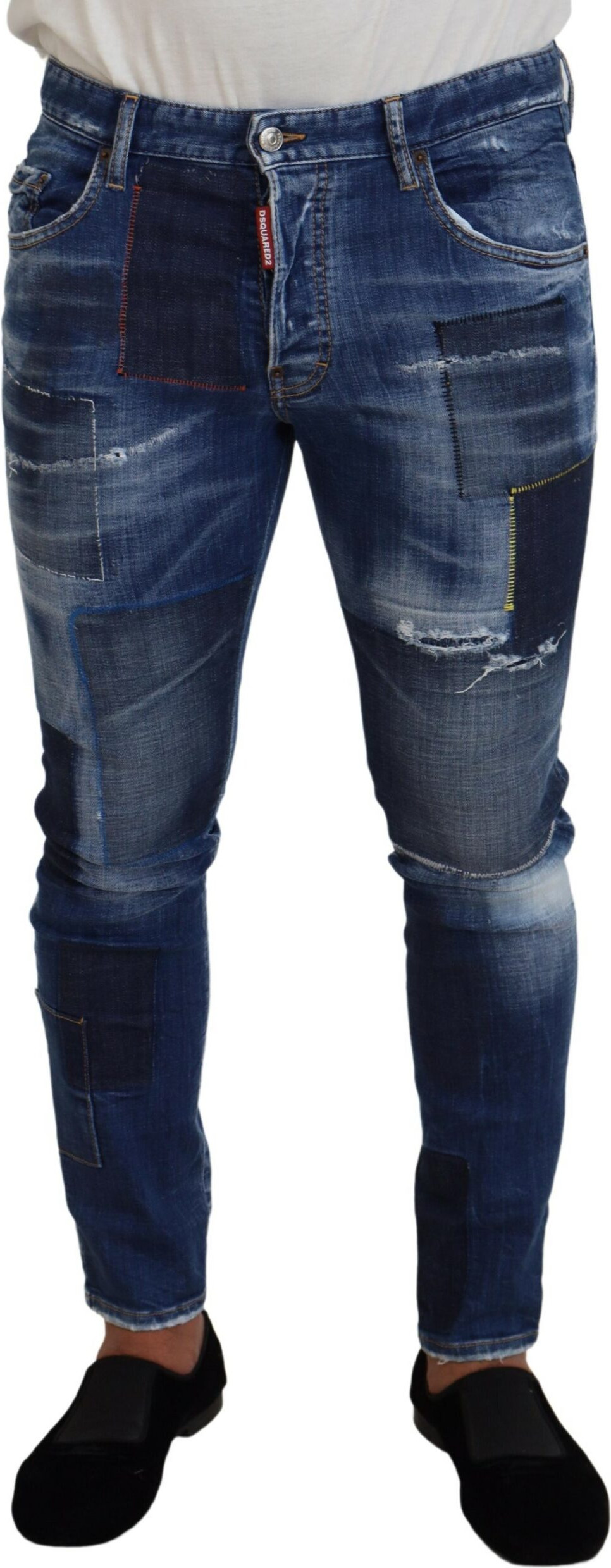 Blue Washed Patchwork Skinny Men Denim Jeans