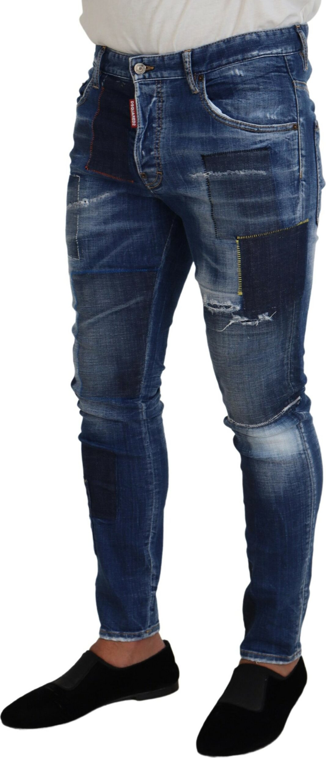 Blue Washed Patchwork Skinny Men Denim Jeans