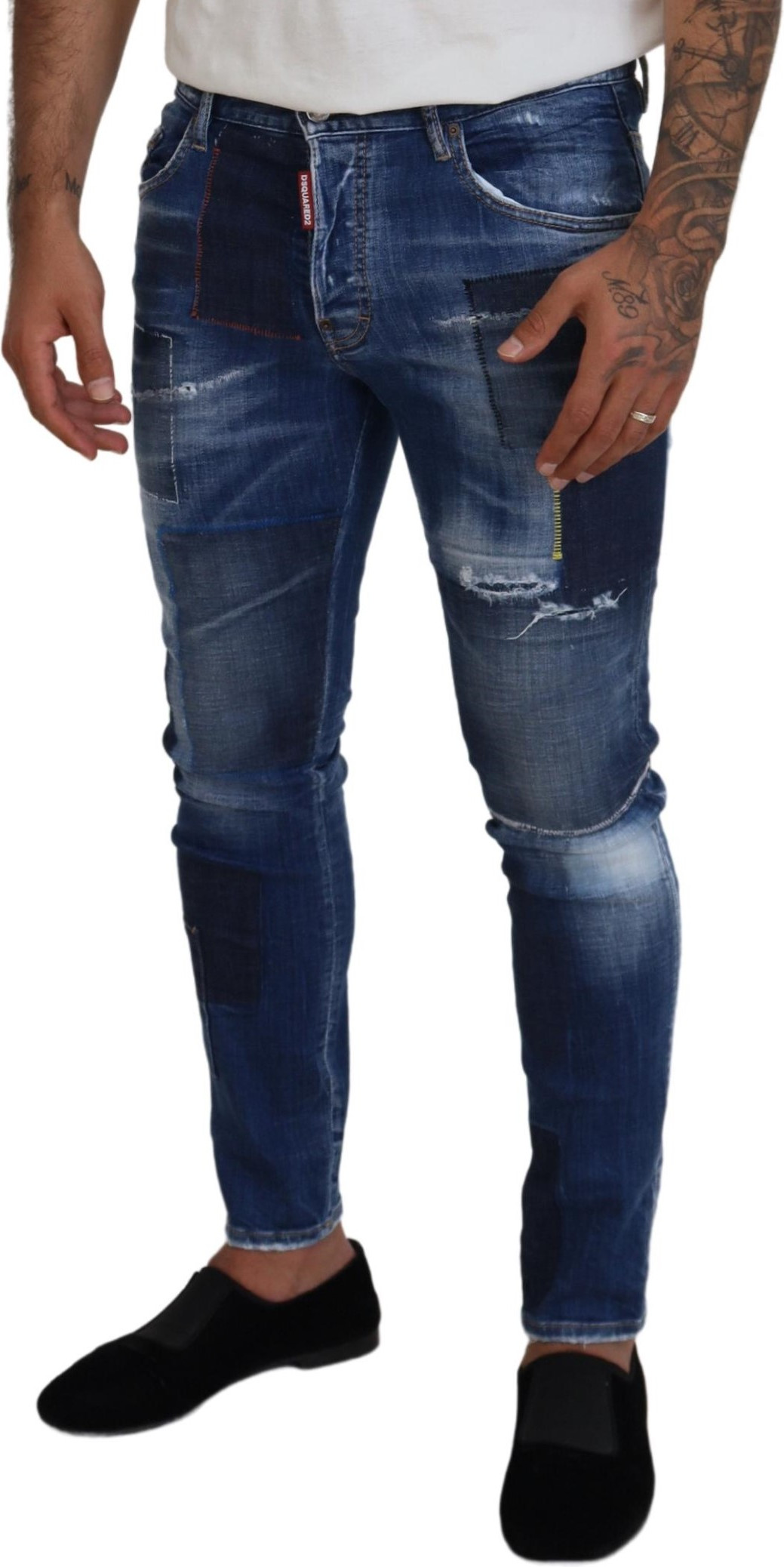 Blue Washed Patchwork Skinny Men Denim Jeans