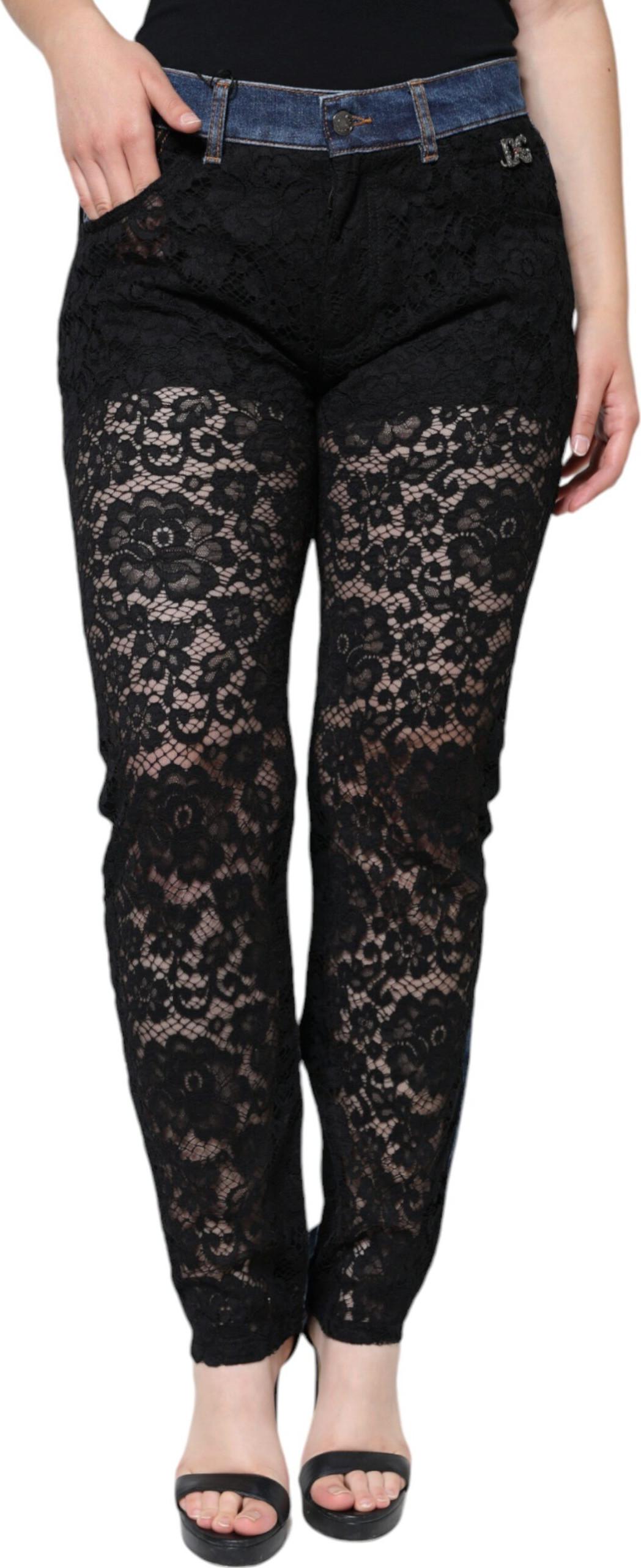 Dolce & Gabbana dan qora gulli dantel old qismi bilan tor jinsi shimlar