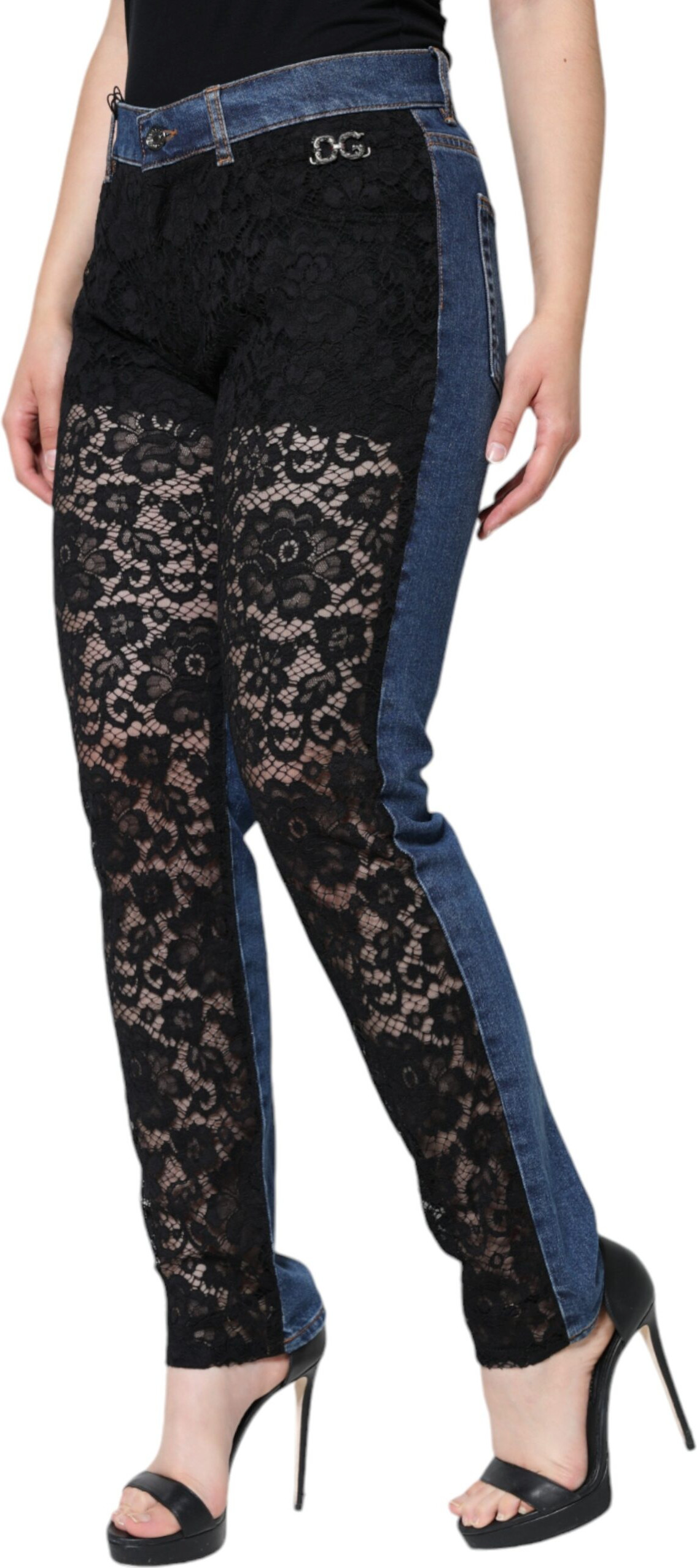 Dolce & Gabbana dan qora gulli dantel old qismi bilan tor jinsi shimlar