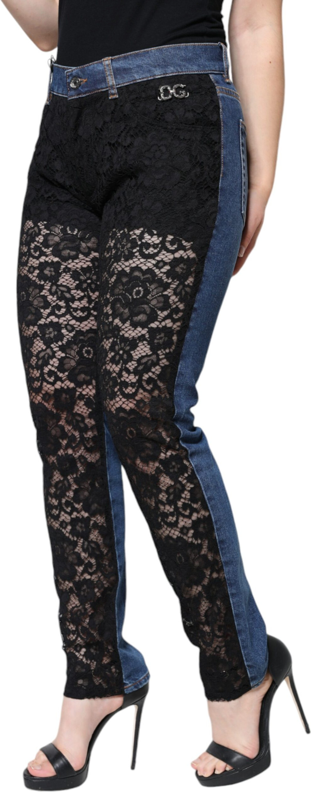 Dolce & Gabbana dan qora gulli dantel old qismi bilan tor jinsi shimlar
