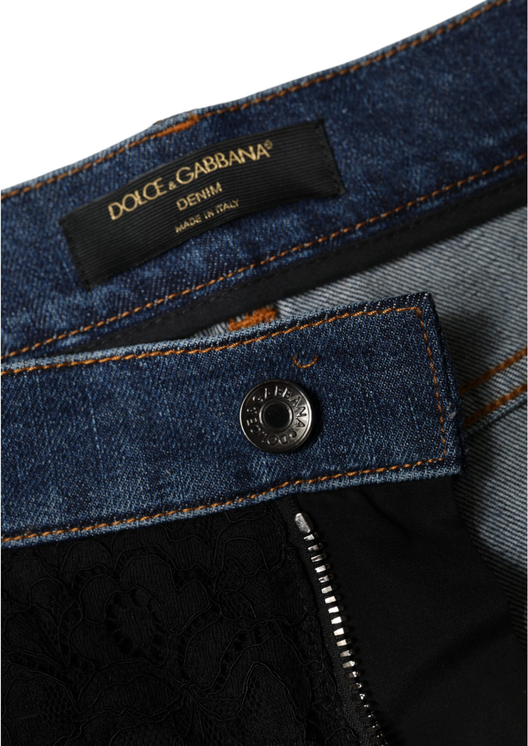 Dolce & Gabbana dan qora gulli dantel old qismi bilan tor jinsi shimlar