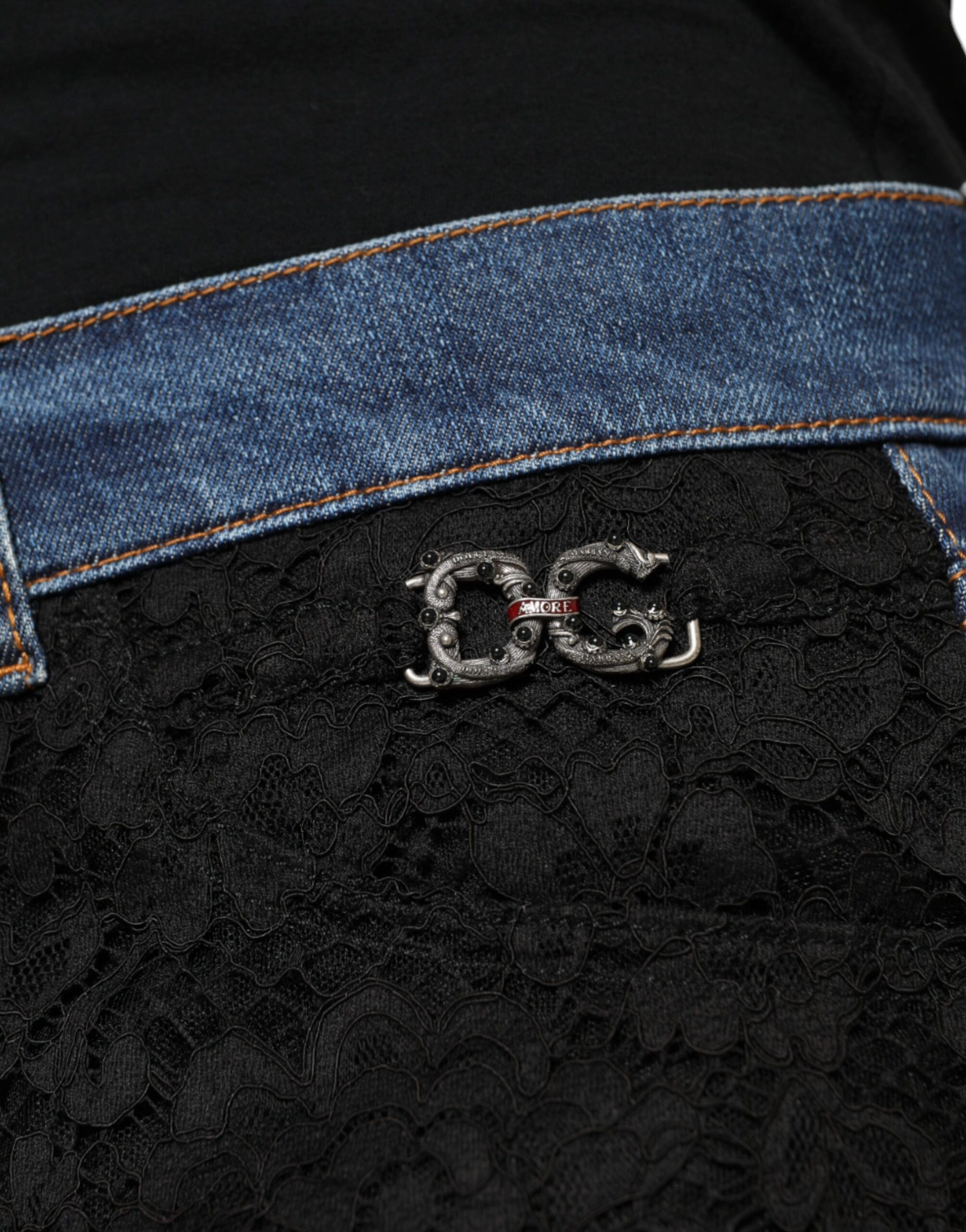 Dolce & Gabbana dan qora gulli dantel old qismi bilan tor jinsi shimlar