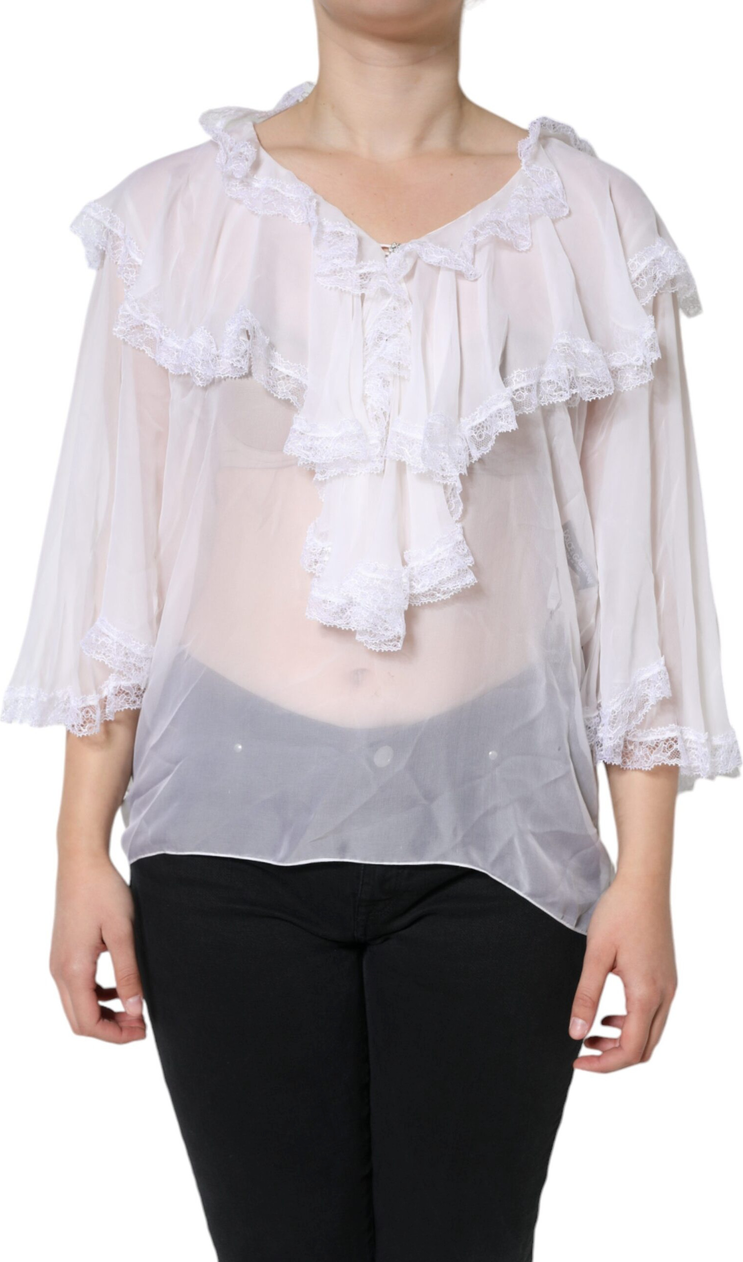 White Ruffles Lace Long Sleeve Blouse Top Dolce & Gabbana