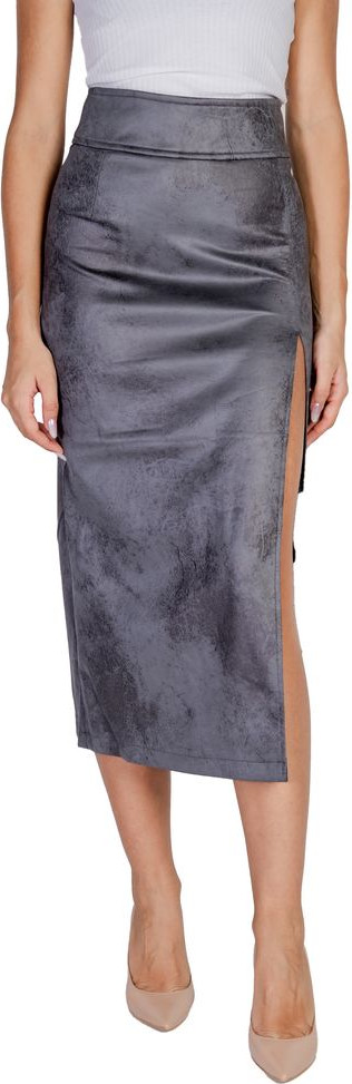 Gray Artificial Leather Long Skirt