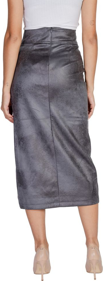Gray Artificial Leather Long Skirt