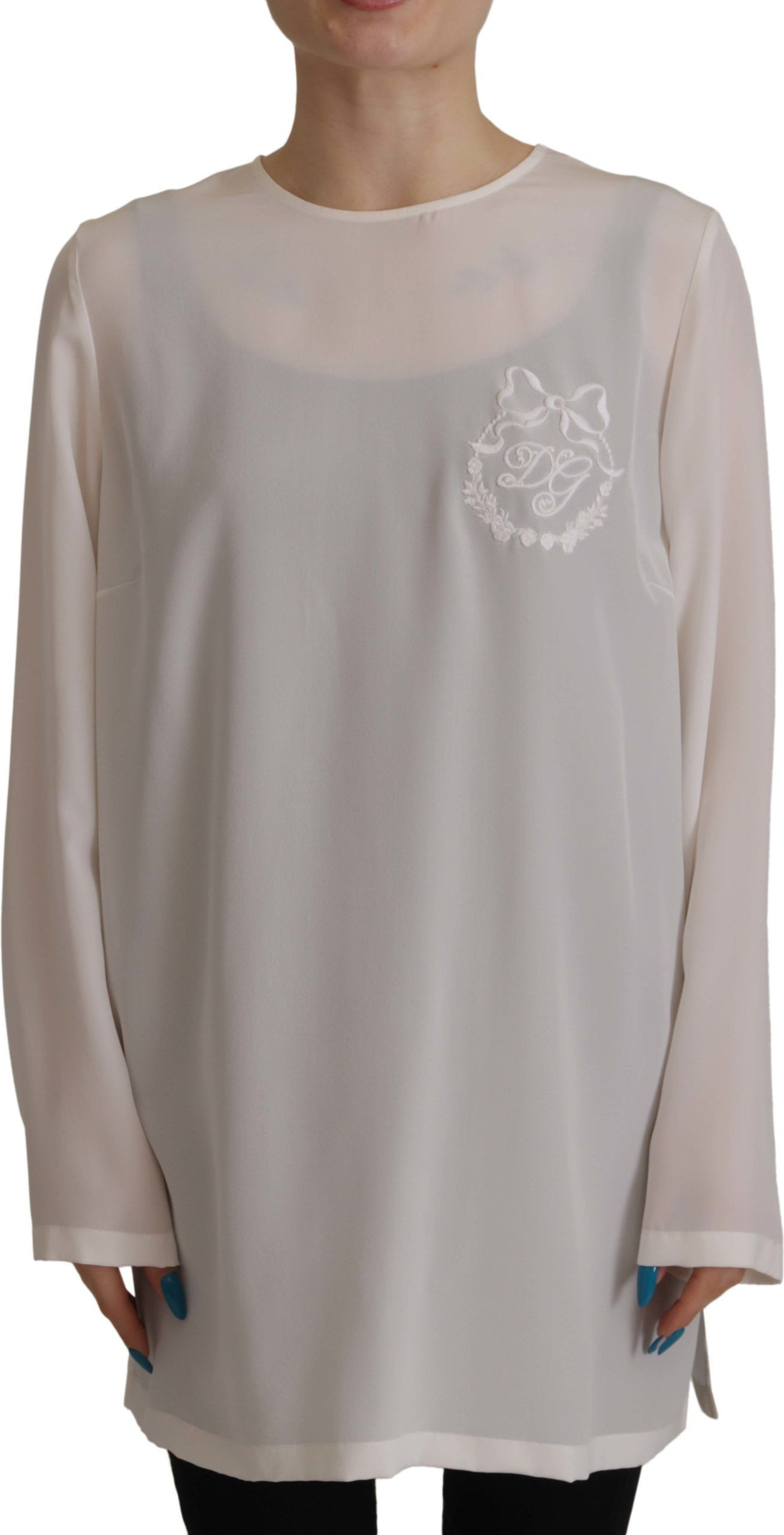 Blouse Dolce & Gabbana White Silk DG Logo Embroidered Long Sleeves
