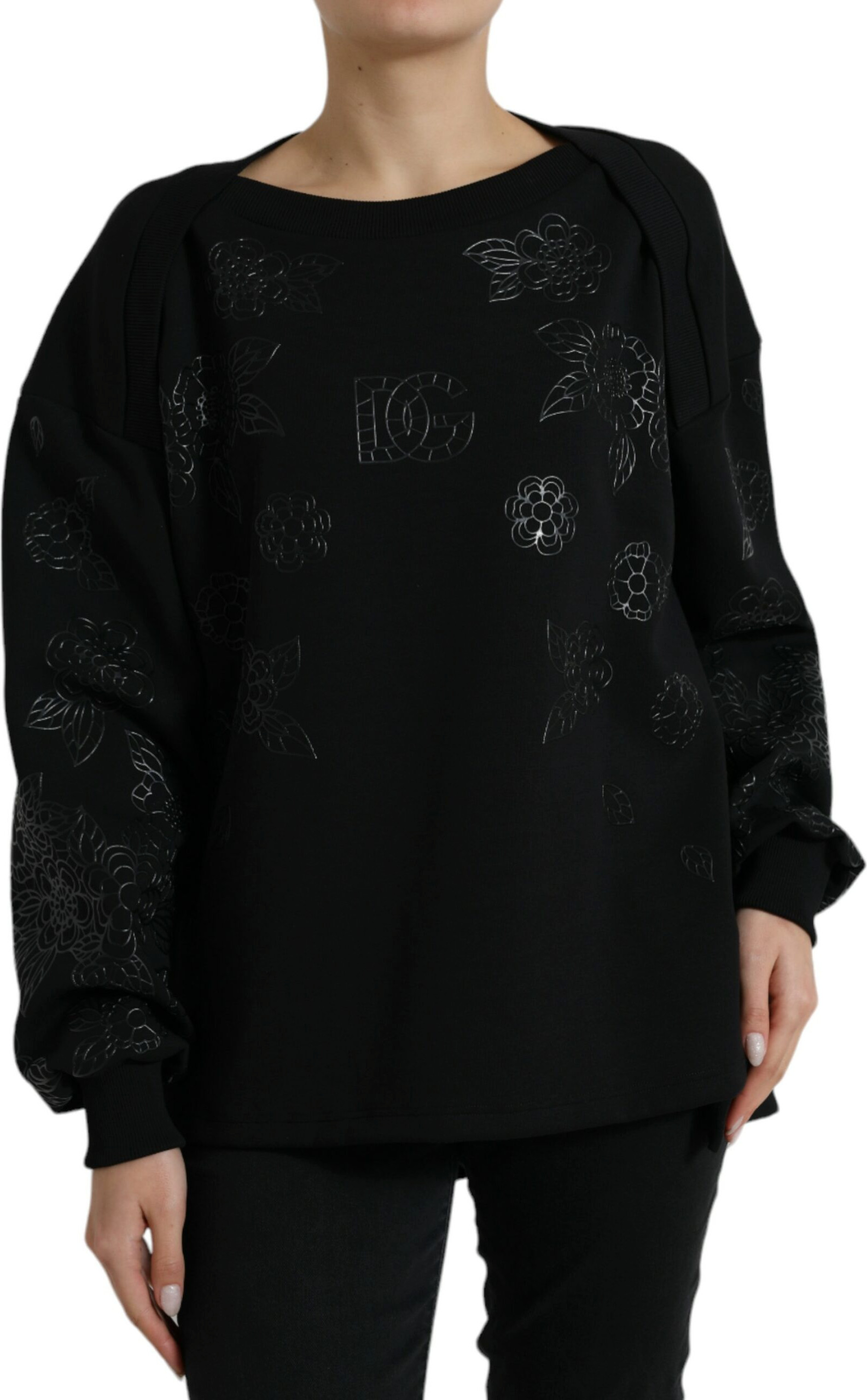 Dolce & Gabbana Black Pullover Floral Logo Applique Sweater
