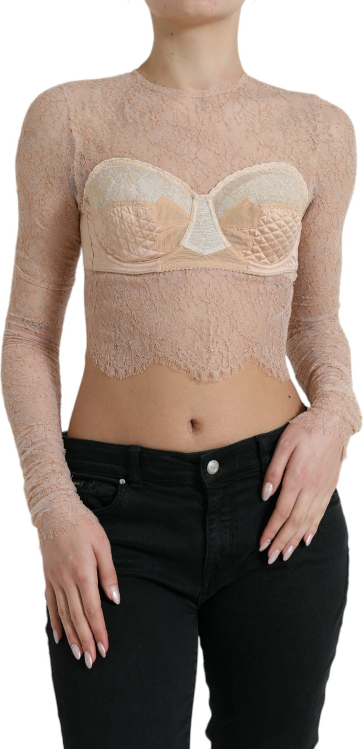 Dolce & Gabbana Beige Nylon Floral Lace Bustier Cropped Top