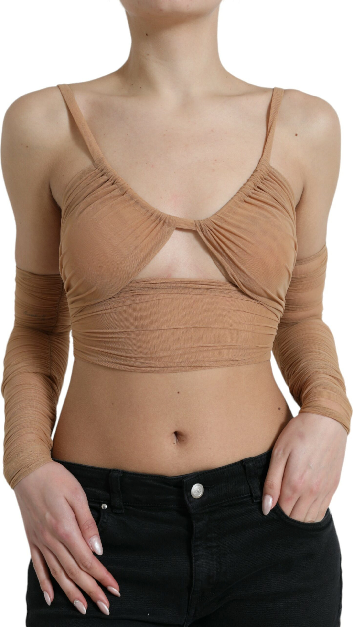 Brown Nylon Stretch Open Shoulder Cropped Top Dolce & Gabbana