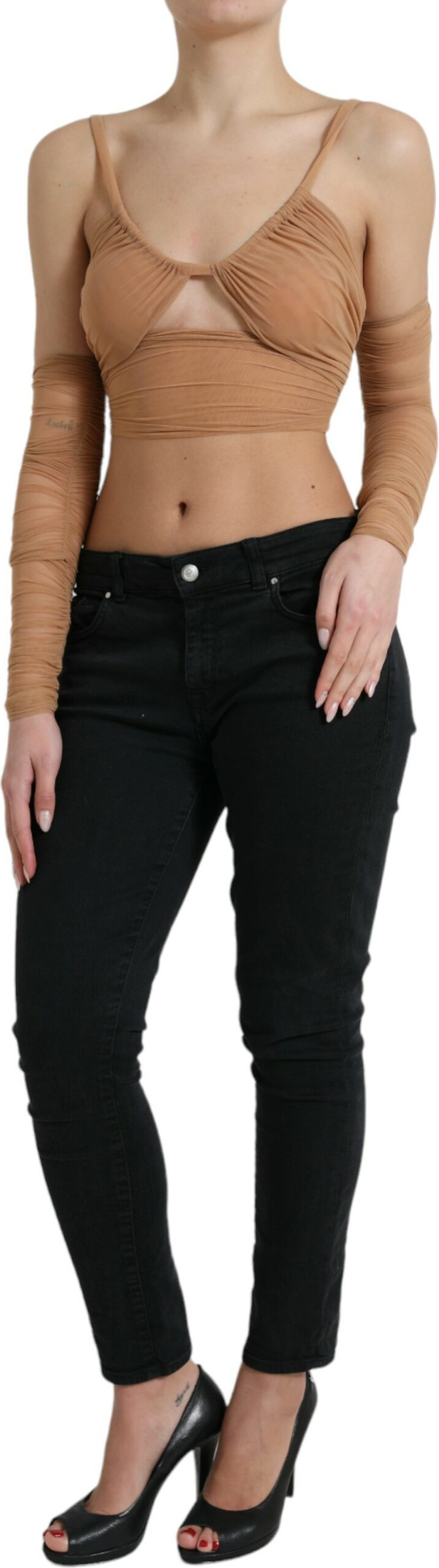 Dolce & Gabbana dan ochiq yelkali jigarrangli neylonli strech cropped top