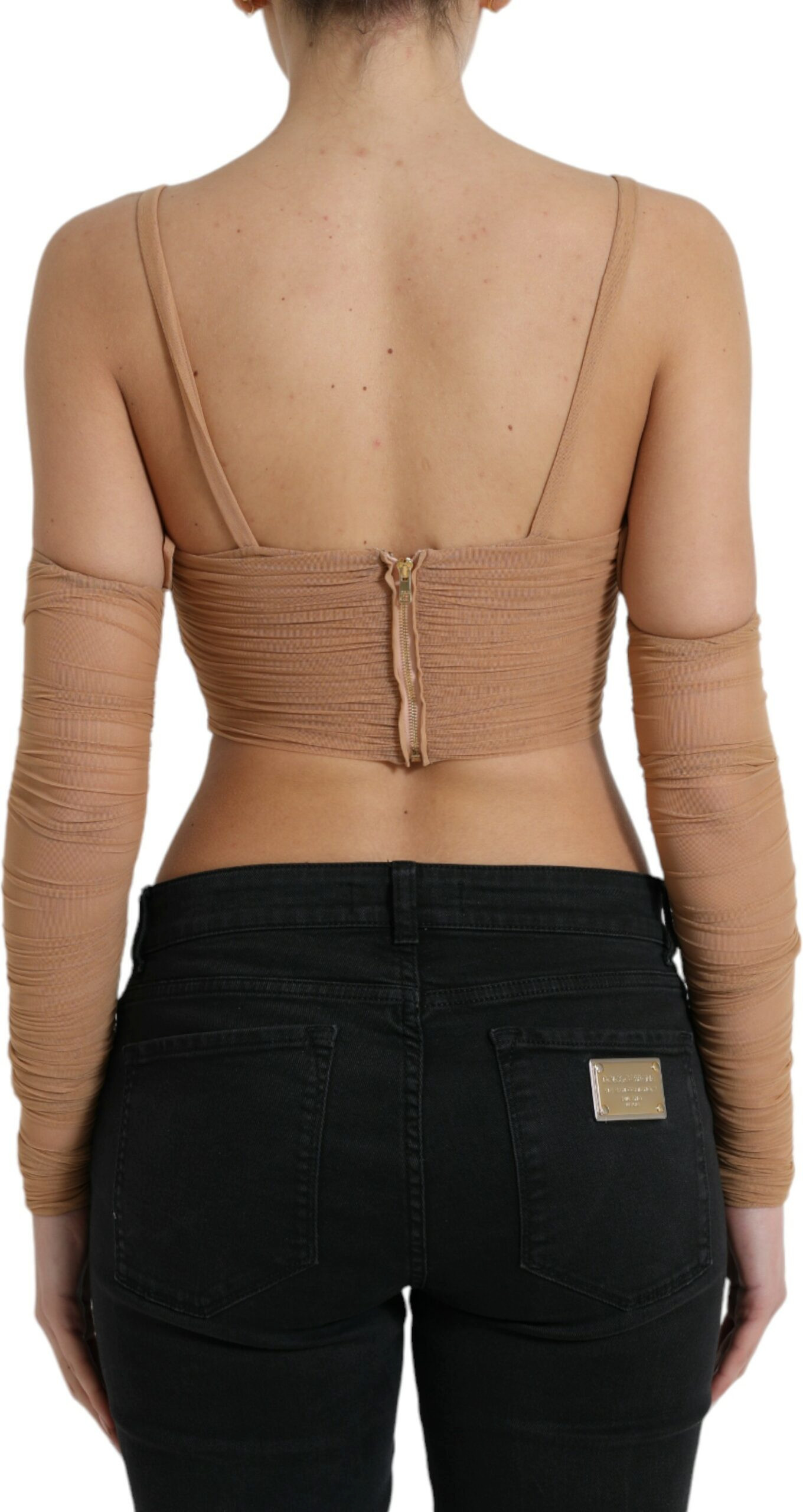Dolce & Gabbana dan ochiq yelkali jigarrangli neylonli strech cropped top