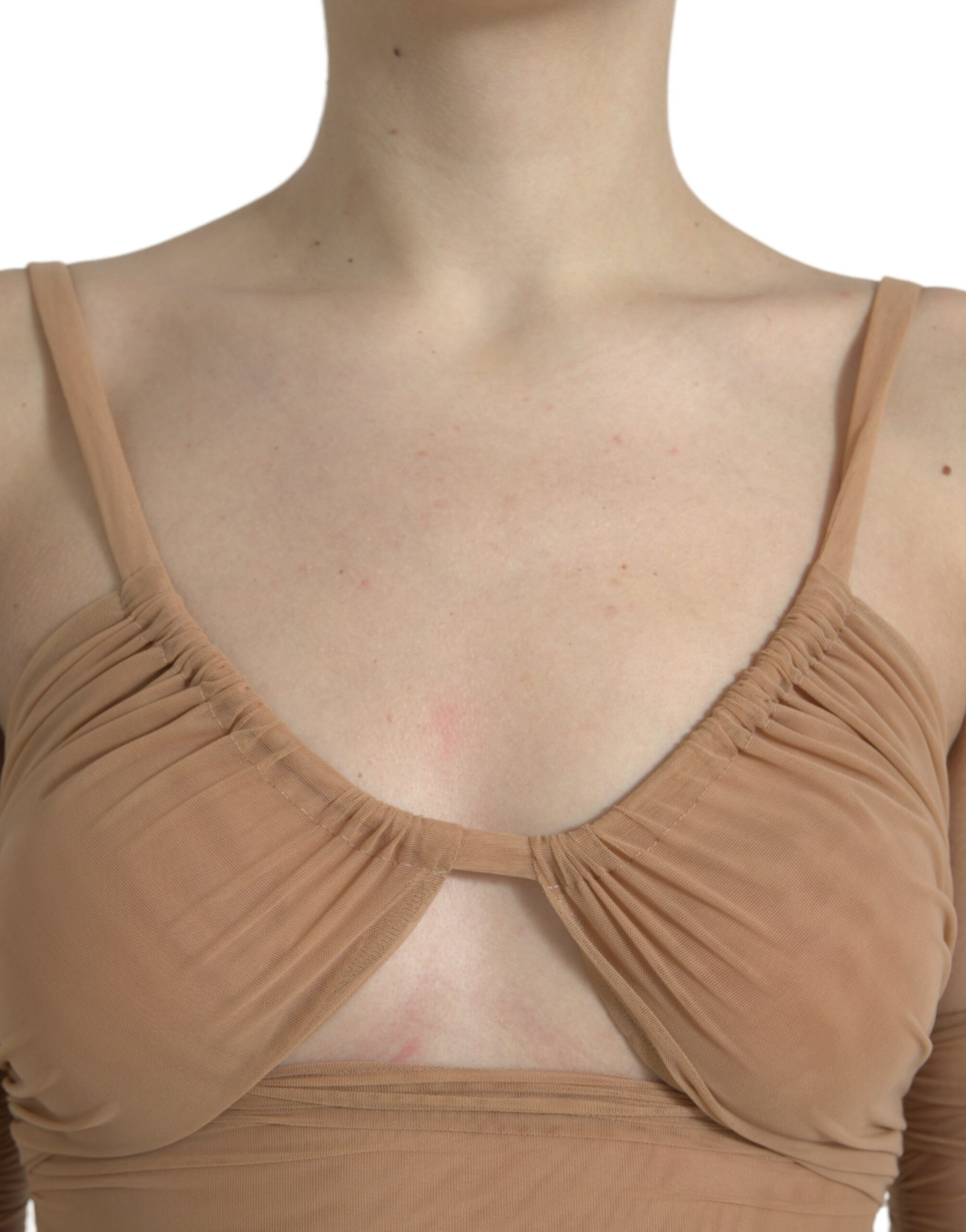 Dolce & Gabbana dan ochiq yelkali jigarrangli neylonli strech cropped top