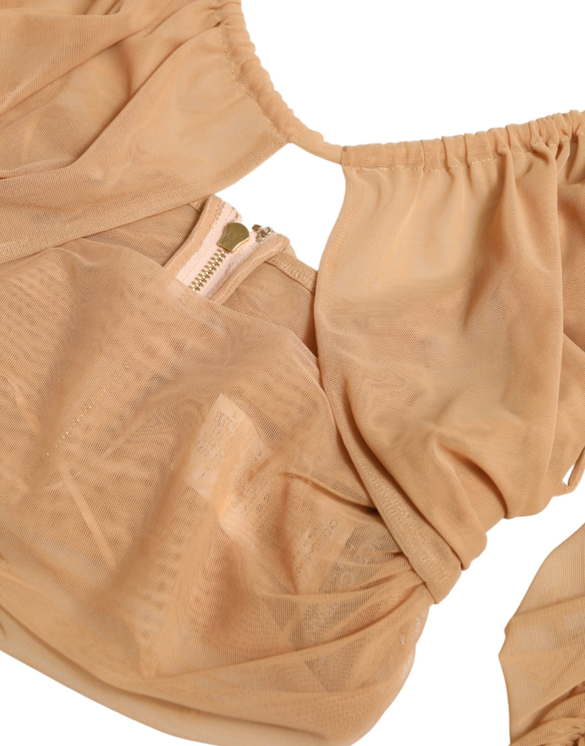 Dolce & Gabbana dan ochiq yelkali jigarrangli neylonli strech cropped top