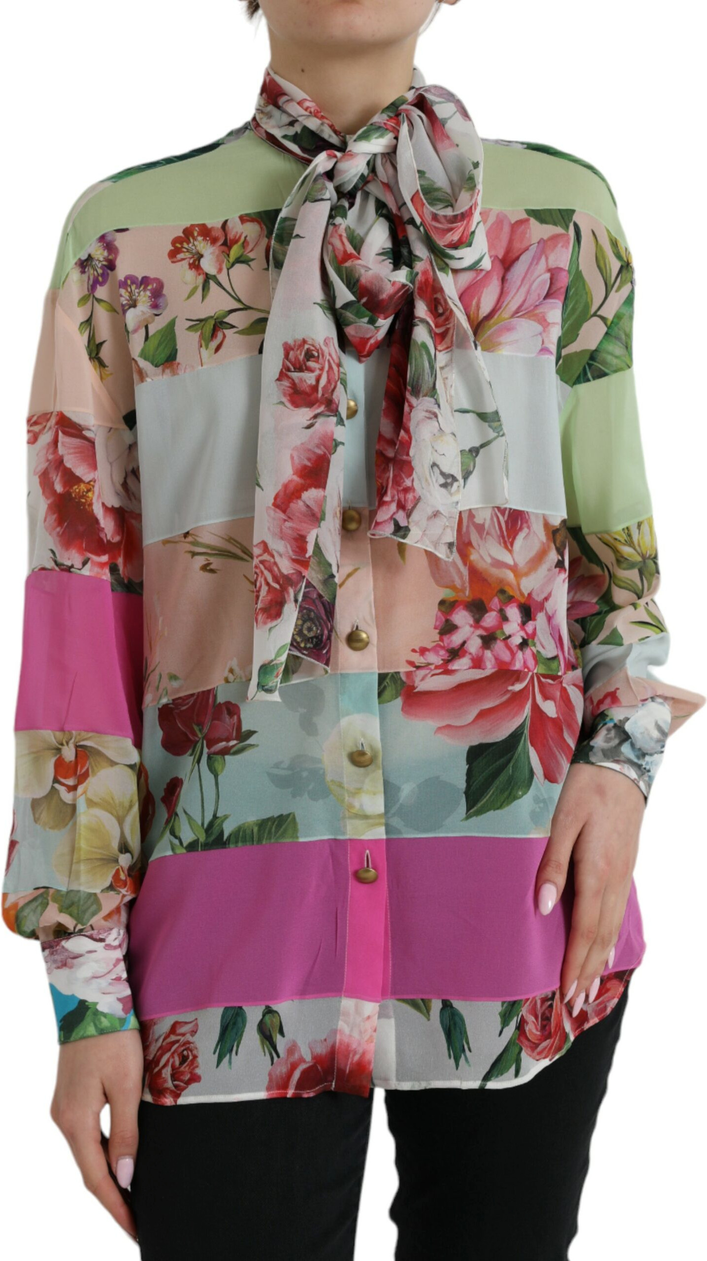 Blouse Dolce & Gabbana Multicolor Floral Patchwork Ascot Collar Top