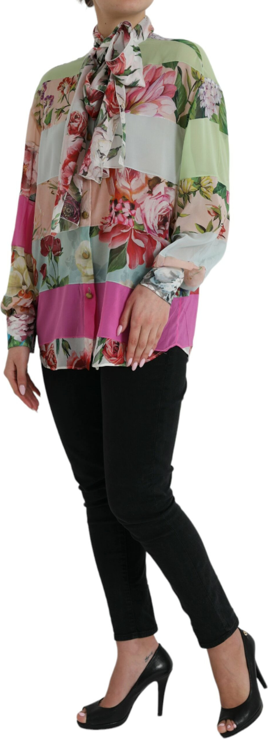 Blouse Dolce & Gabbana Multicolor Floral Patchwork Ascot Collar Top