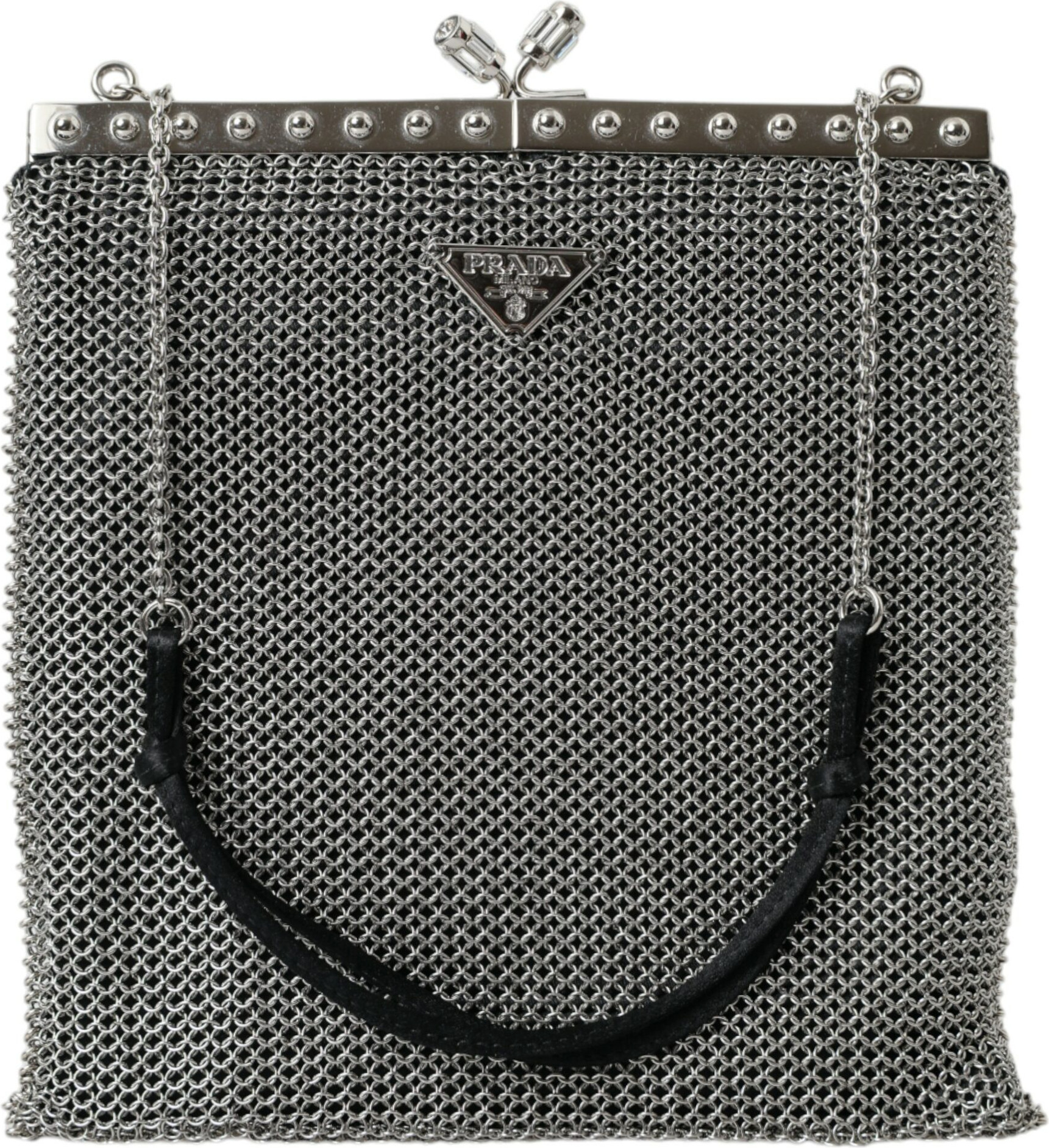 Shoulder Bag Prada Gray Chain Metal Mesh Logo Plaque Bandoliera
