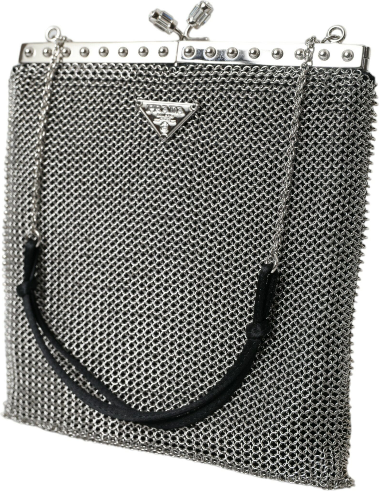 Shoulder Bag Prada Gray Chain Metal Mesh Logo Plaque Bandoliera