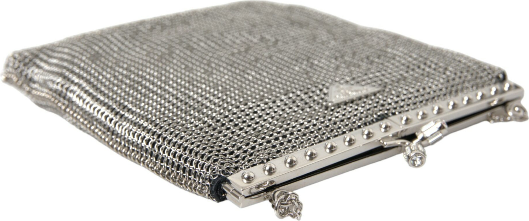 Shoulder Bag Prada Gray Chain Metal Mesh Logo Plaque Bandoliera
