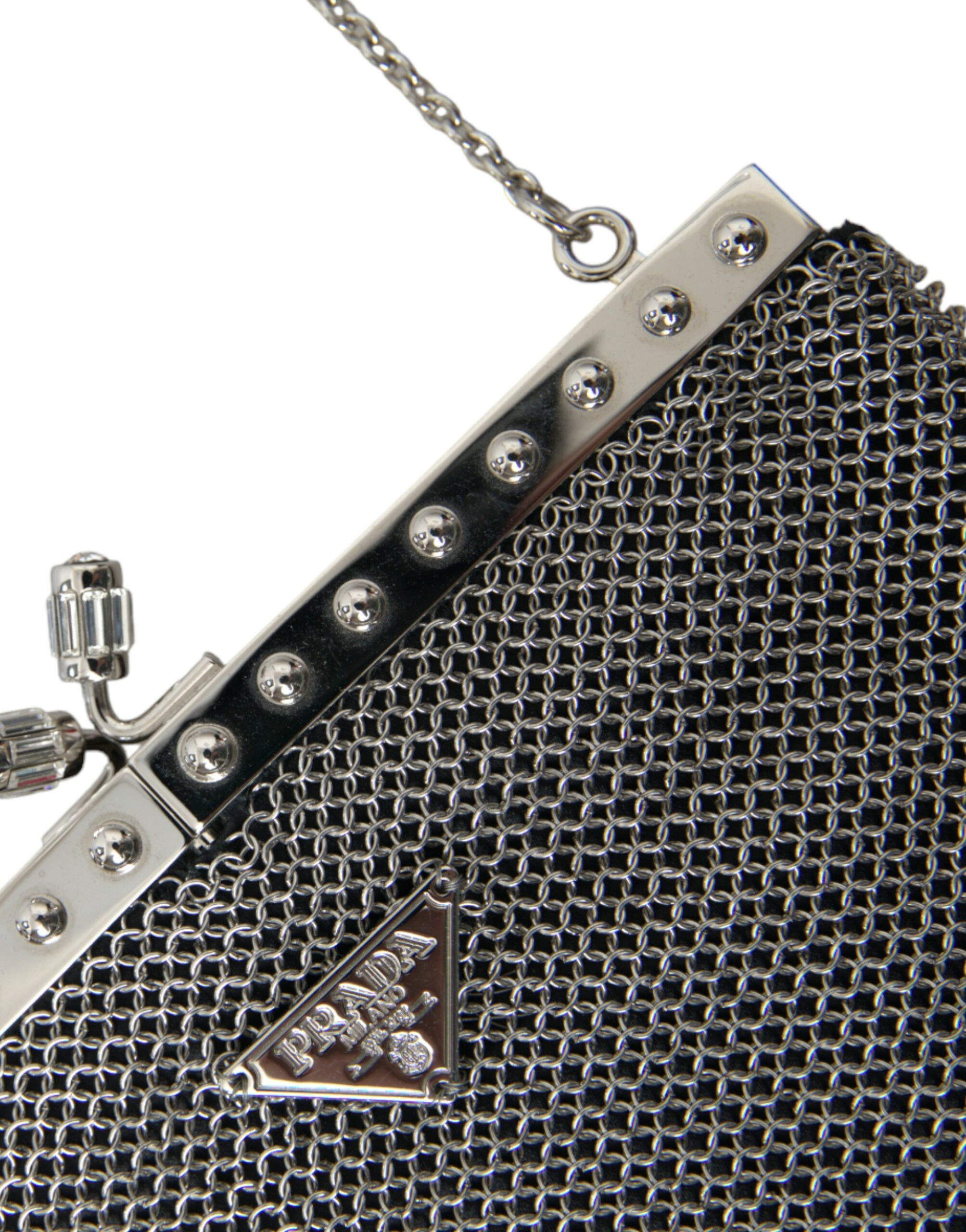 Shoulder Bag Prada Gray Chain Metal Mesh Logo Plaque Bandoliera