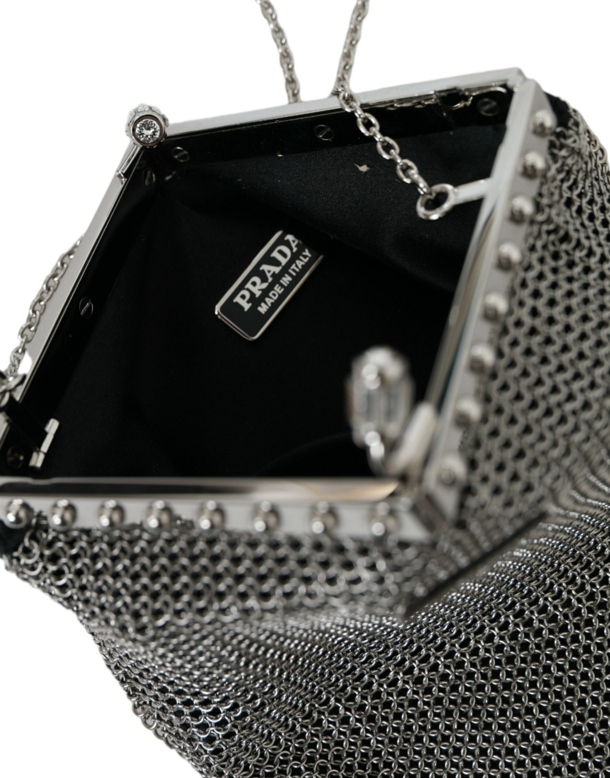 Shoulder Bag Prada Gray Chain Metal Mesh Logo Plaque Bandoliera