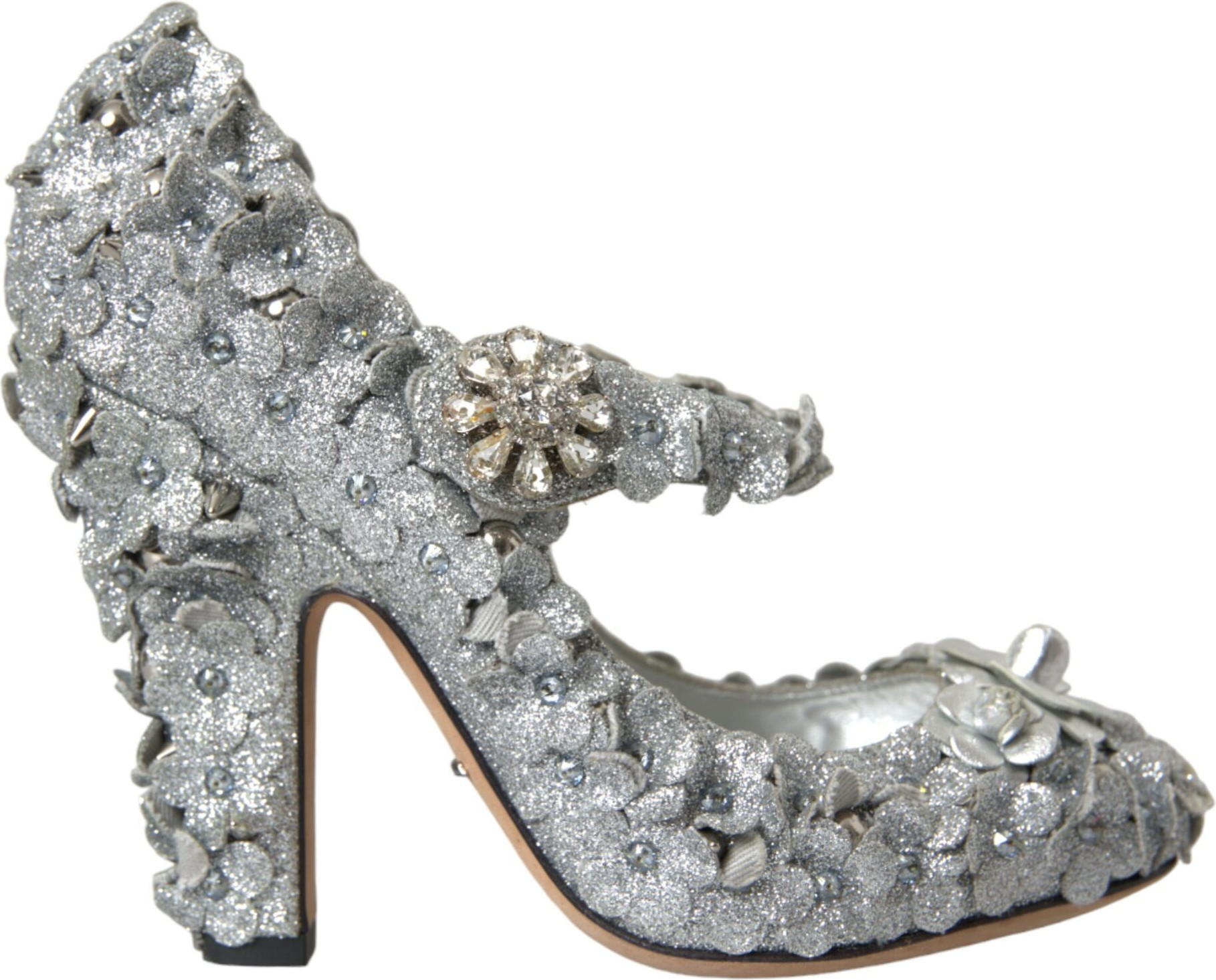 Shoes Dolce & Gabbana Silver Floral Crystal Mary Jane Pumps