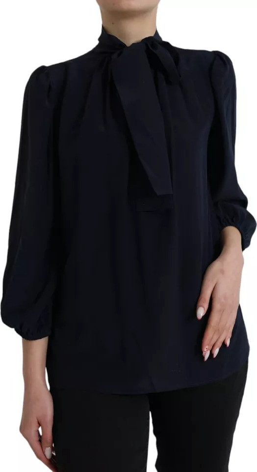Blue Long Sleeves Ascot Collar Blouse Top Dolce & Gabbana