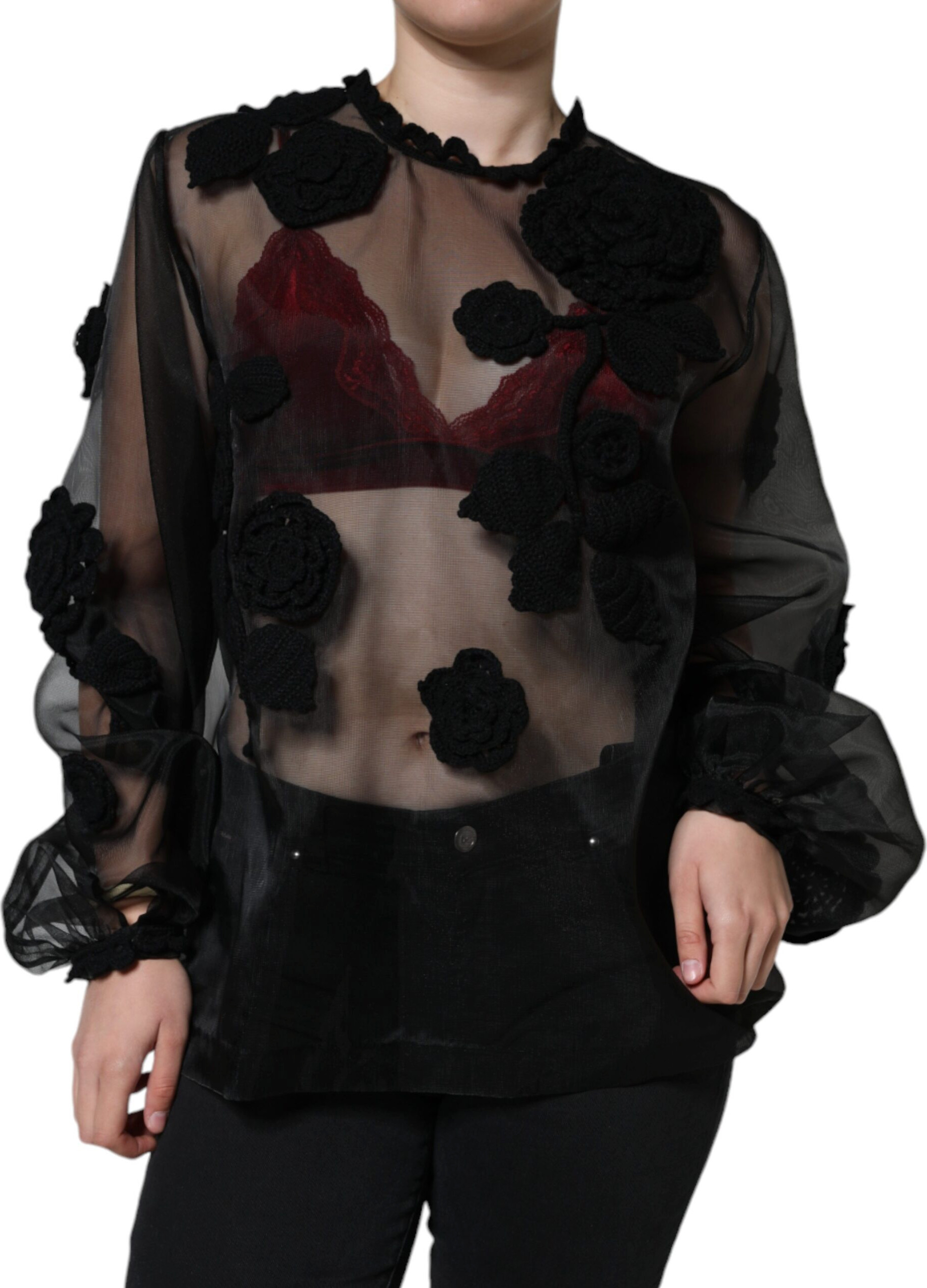 Black Nylon Mesh Transparent Floral Blouse Dolce & Gabbana