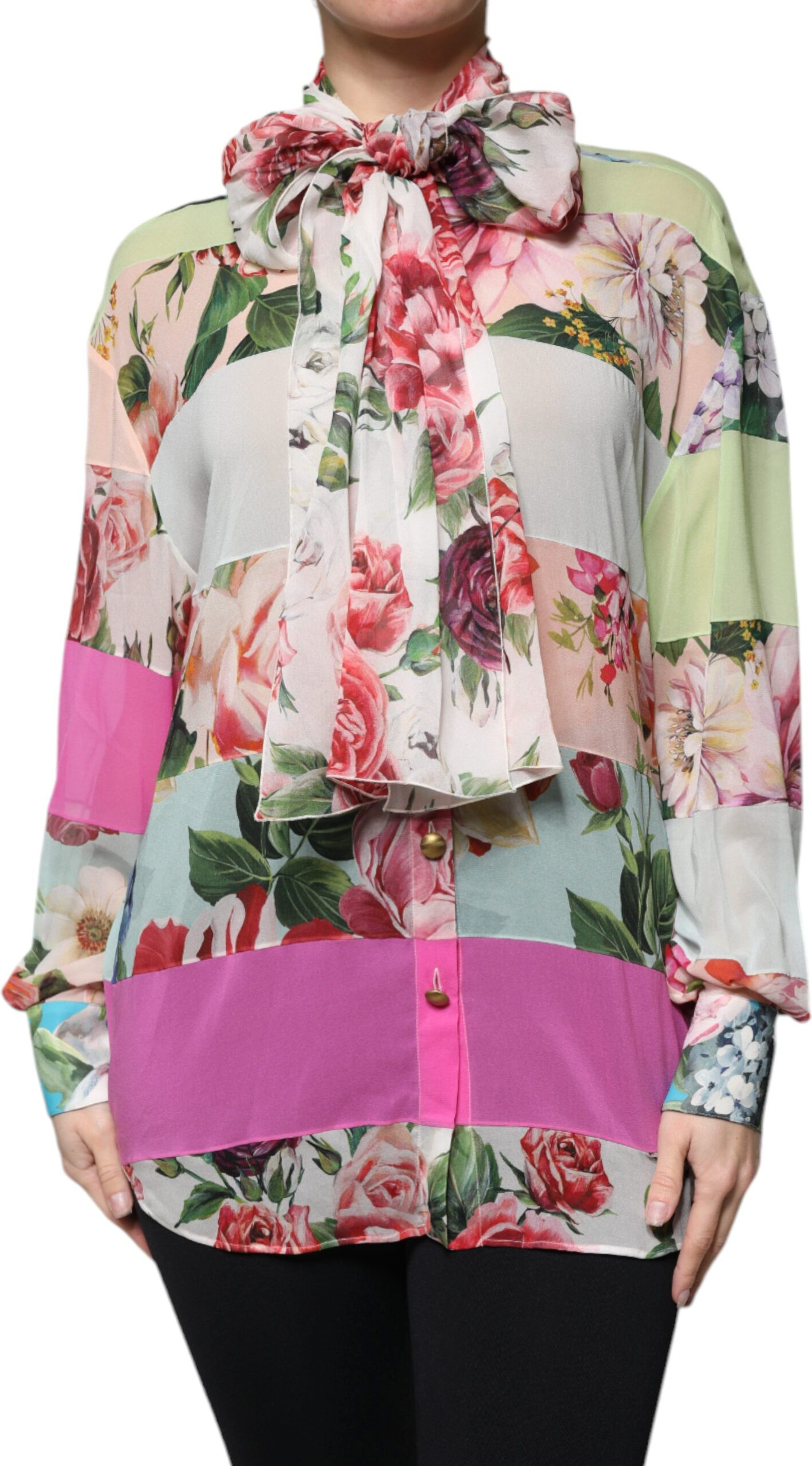 Multicolor Floral Patchwork Ascot Collar Top Dolce & Gabbana