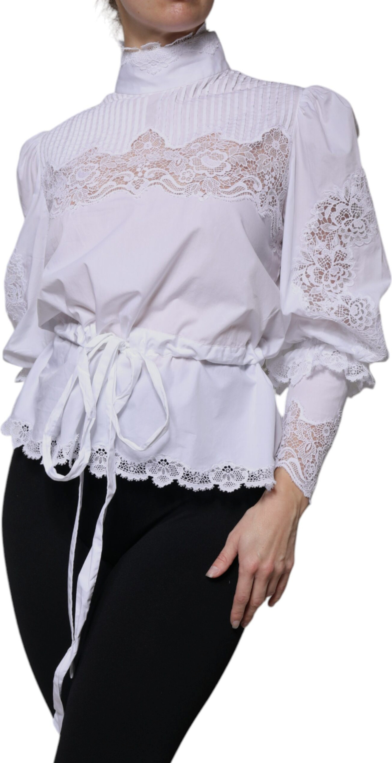 White Cotton Lace Trim Turtleneck Blouse Top Dolce & Gabbana