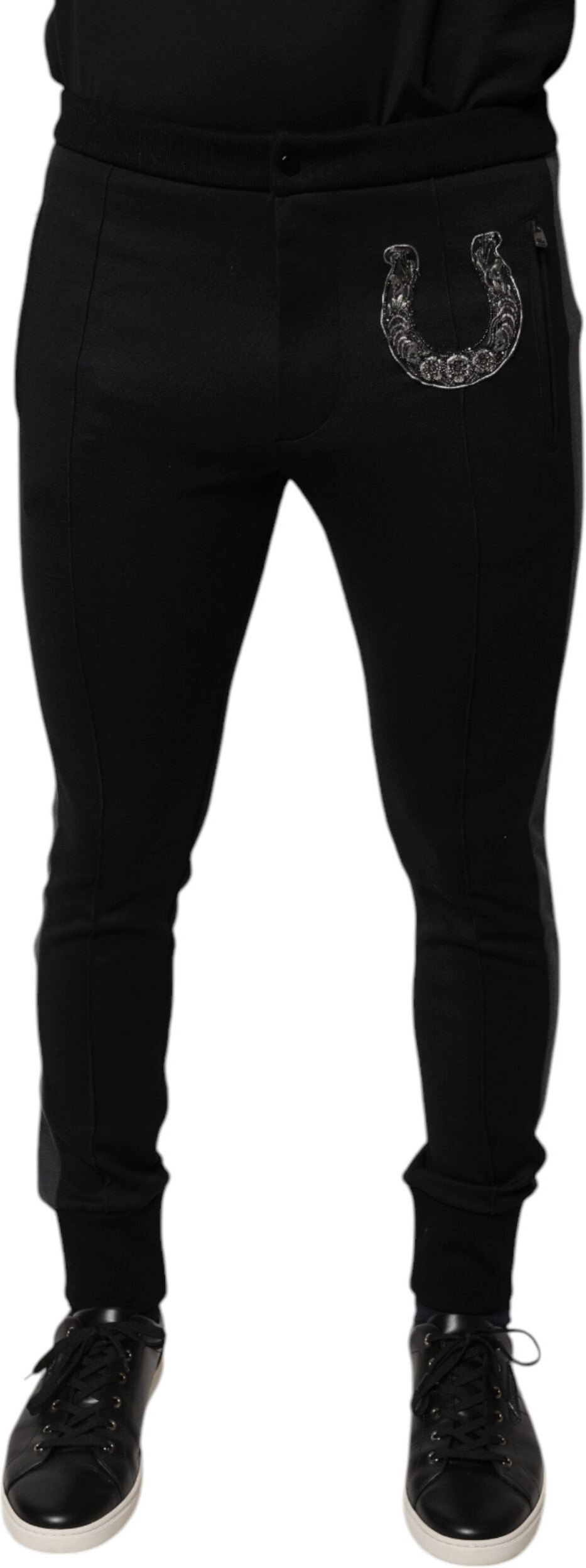 Hose Dolce & Gabbana Schwarz Hufeisen-Applikation Lässigte Schurwolle Slim Fit Hose