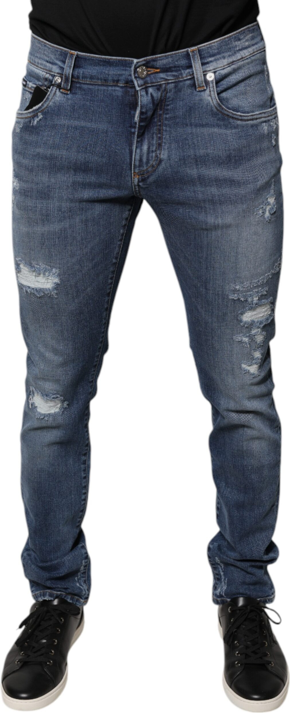 Blaue zerrissene{"name":"Blue Tattered Cotton Stretch Skinny Denim Jeans Dolce & Gabbana","type":"Denim Jeans","category":"Apparel","brand":"Dolce & Gabbana","description":"Discover the exquisite craftsmanship of these Dolce & Gabbana Blue Tattered Cotton Stretch Skinny Denim Jeans. Designed for the modern man, these jeans offer a regular fit and feature a sleek zipper and button closure.

Crafted in Italy, they are made from a premium blend of 98% Cotton and 2% Elastane, ensuring both comfort and a flattering silhouette. The distinctive logo plaque and tattered detailing add a touch of unique style, making these jeans a versatile addition to your wardrobe.","gender":"male","properties":[{"name":"Style","description":"Skinny denim"},{"name":"Color","description":"Blue"},{"name":"Fitting","description":"Regular fit"},{"name":"Material","description":"98% Cotton, 2% Elastane"},{"name":"Closure","description":"Zipper closure"},{"name":"Details","description":"Logo plaque, Tattered detailing"},{"name":"Origin","description":"Made in Italy"}]}
