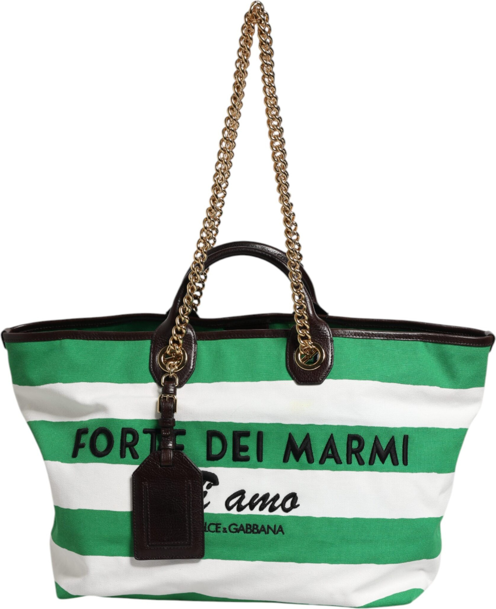 Tote Bag Dolce & Gabbana White Green Stripes Canvas Gold Chain