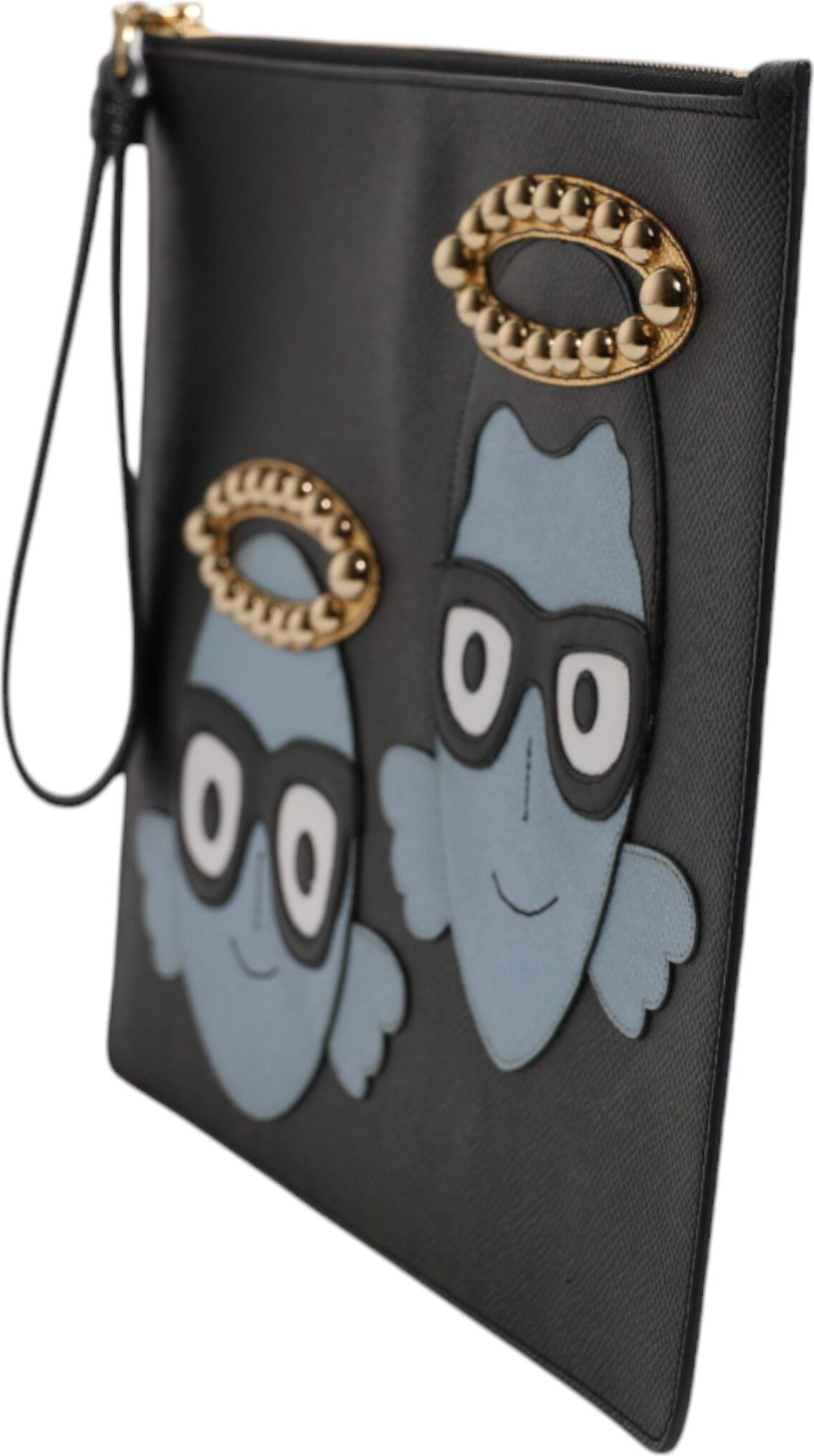 Pouch Bag Dolce & Gabbana Black Leather Embellished Men Zip Pouch Bag