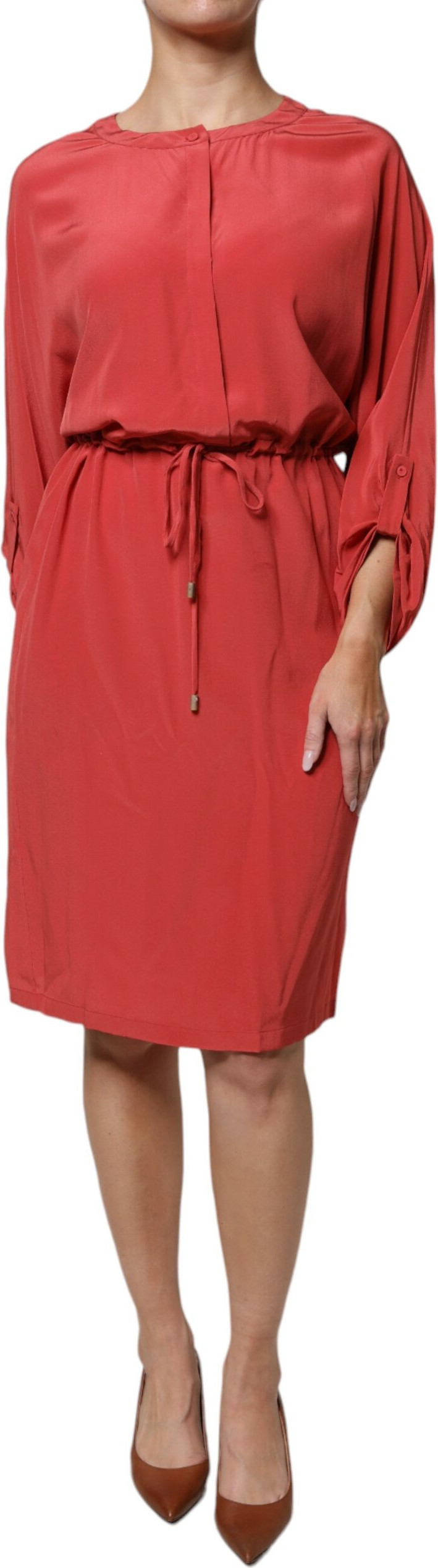 Peserico Red Long Sleeves Pencil Cut Drawstring Waist Dress