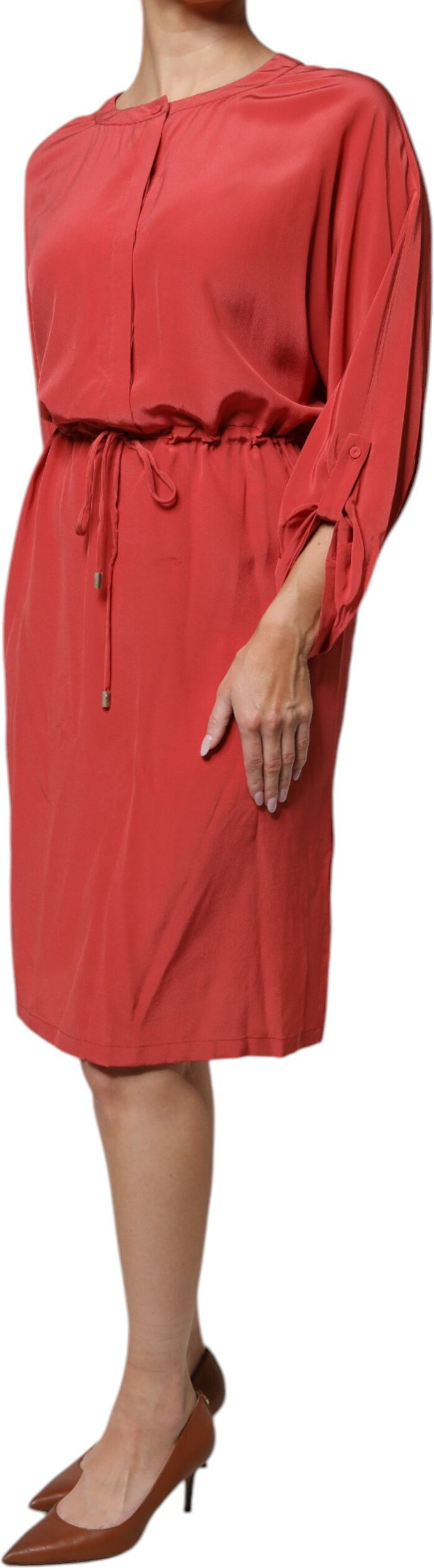 Peserico Red Long Sleeves Pencil Cut Drawstring Waist Dress