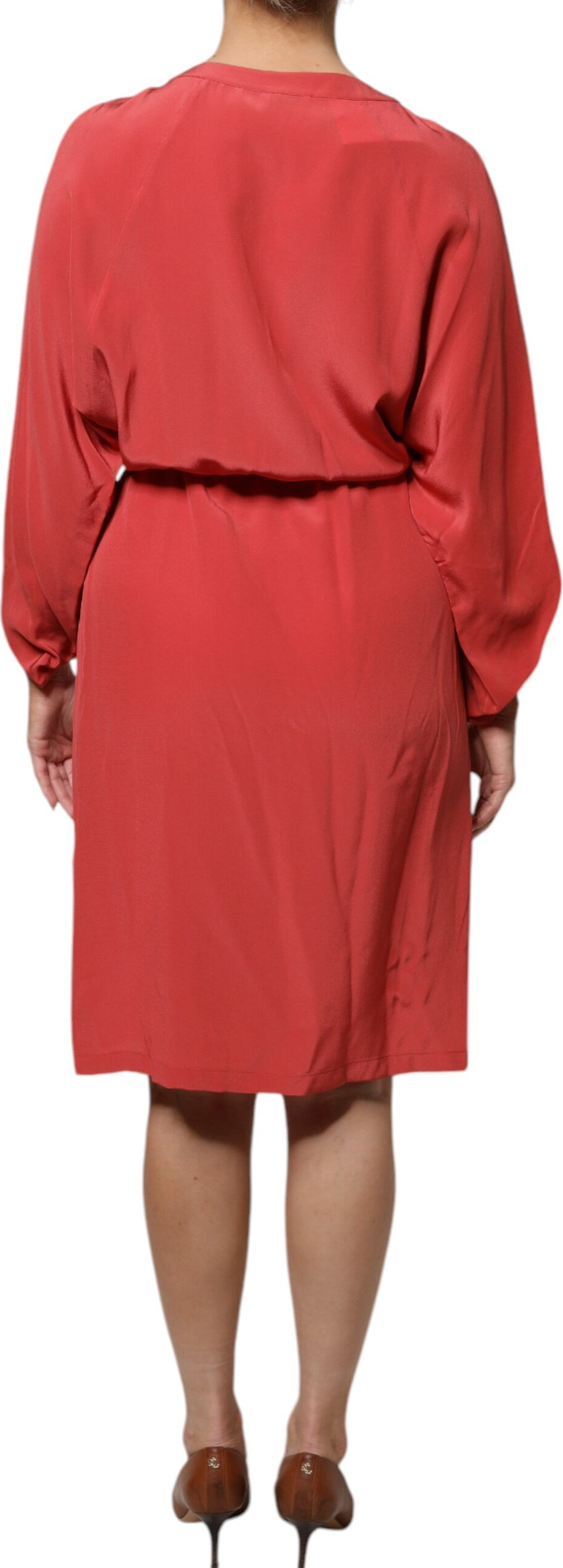 Peserico Red Long Sleeves Pencil Cut Drawstring Waist Dress