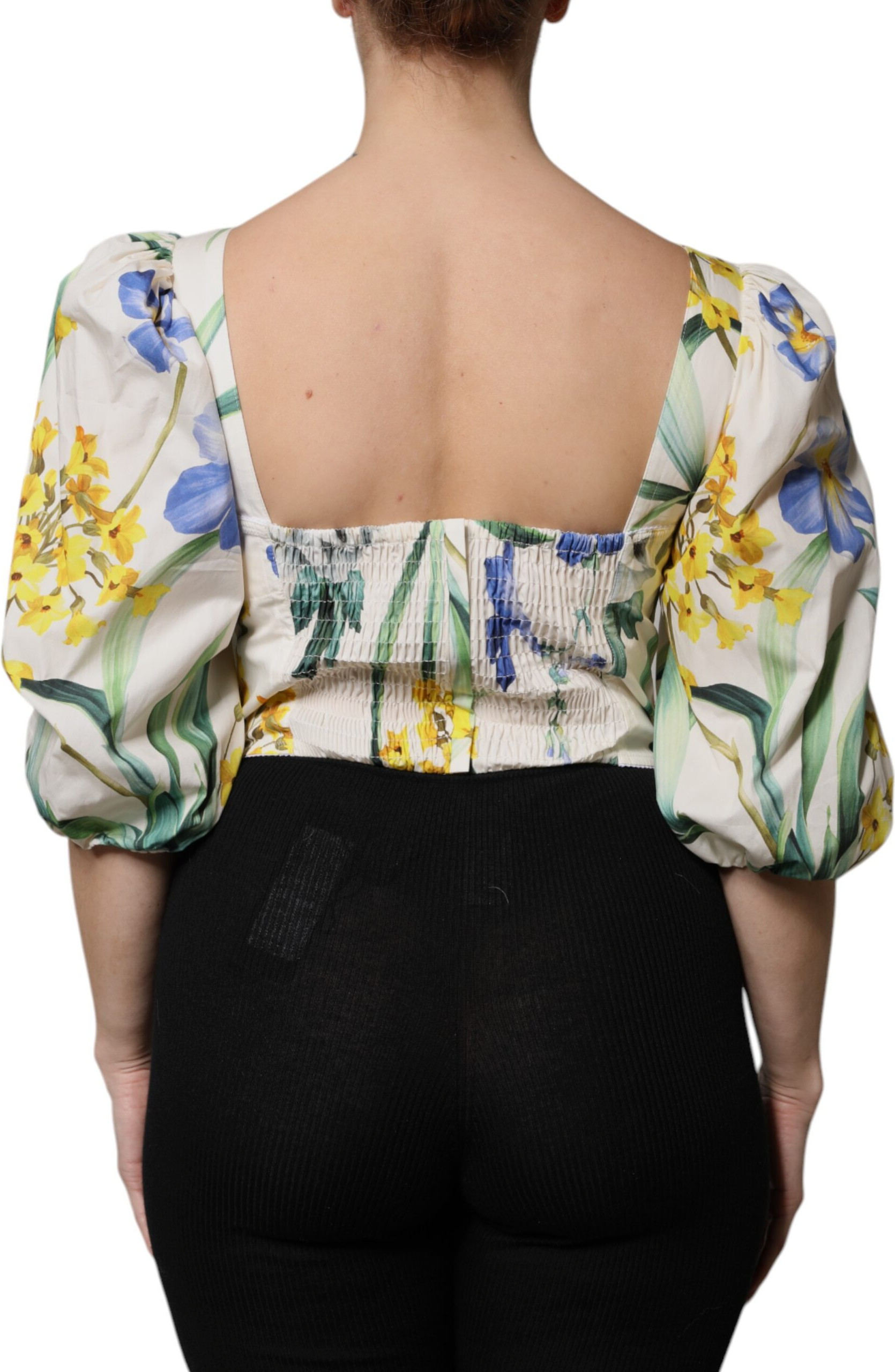 White Floral Puff Sleeves Crop Blouse Top Dolce & Gabbana