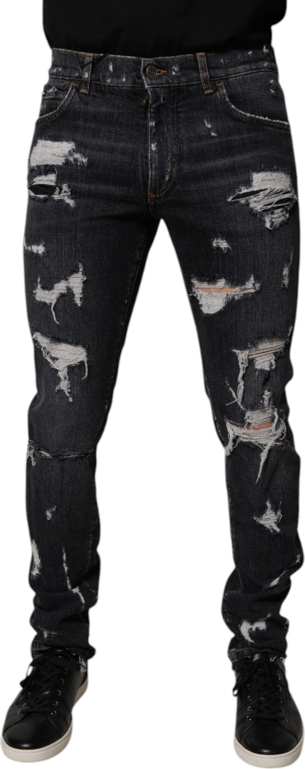 Black Tattered Cotton Skinny Men Denim Jeans by Dolce & Gabbana
