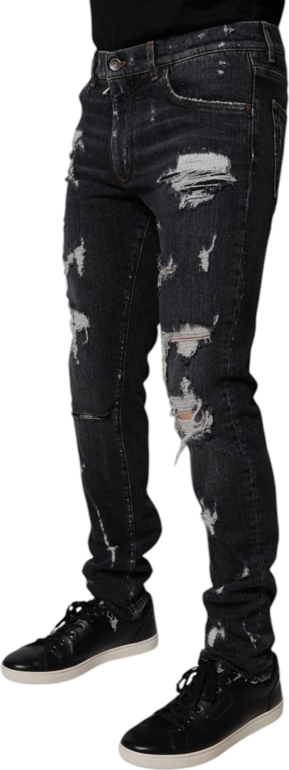 Black Tattered Cotton Skinny Men Denim Jeans by Dolce & Gabbana