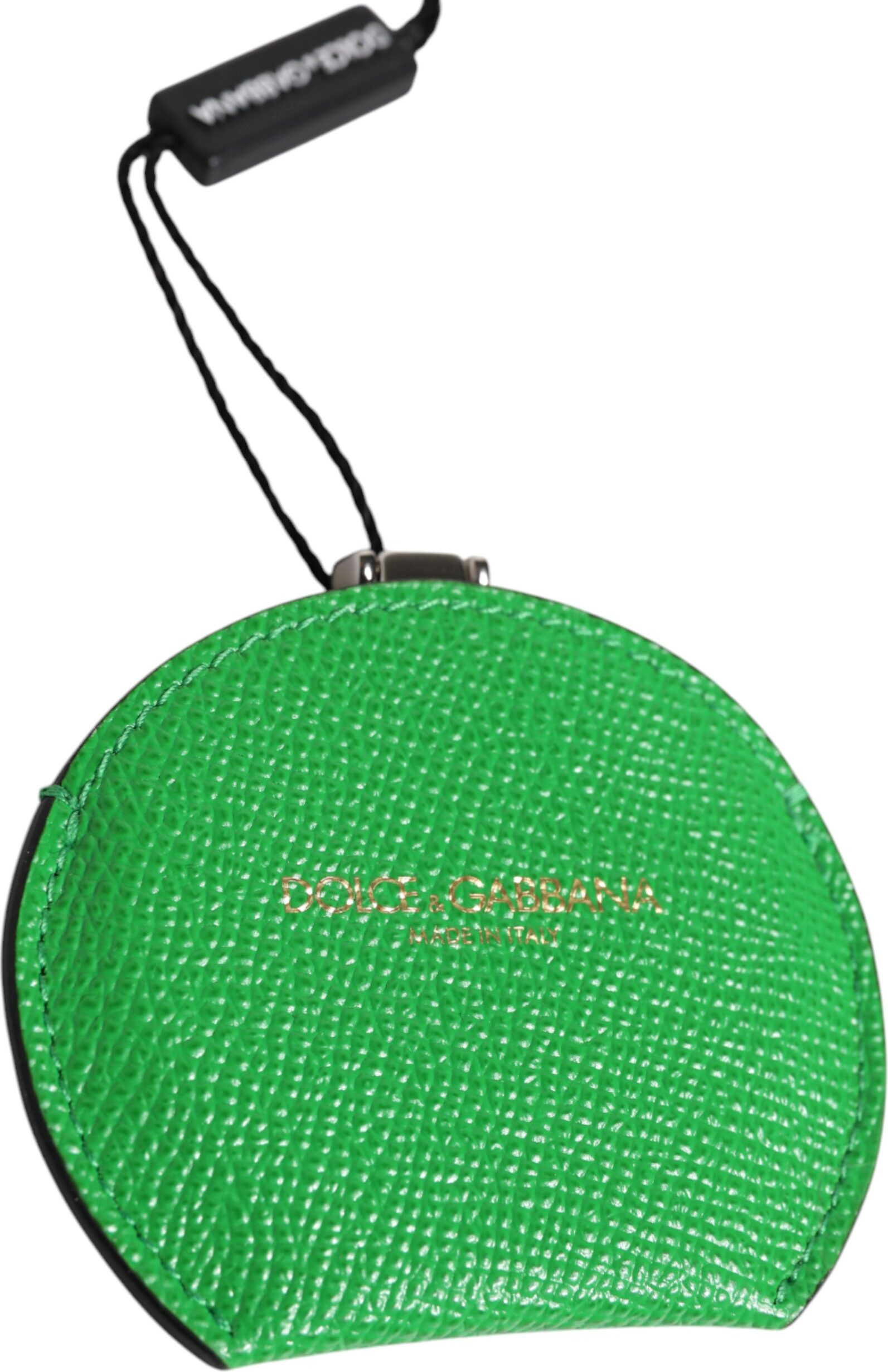 Hand Mirror Holder Dolce & Gabbana Green Calfskin Leather Round Logo Hand Mirror Holder